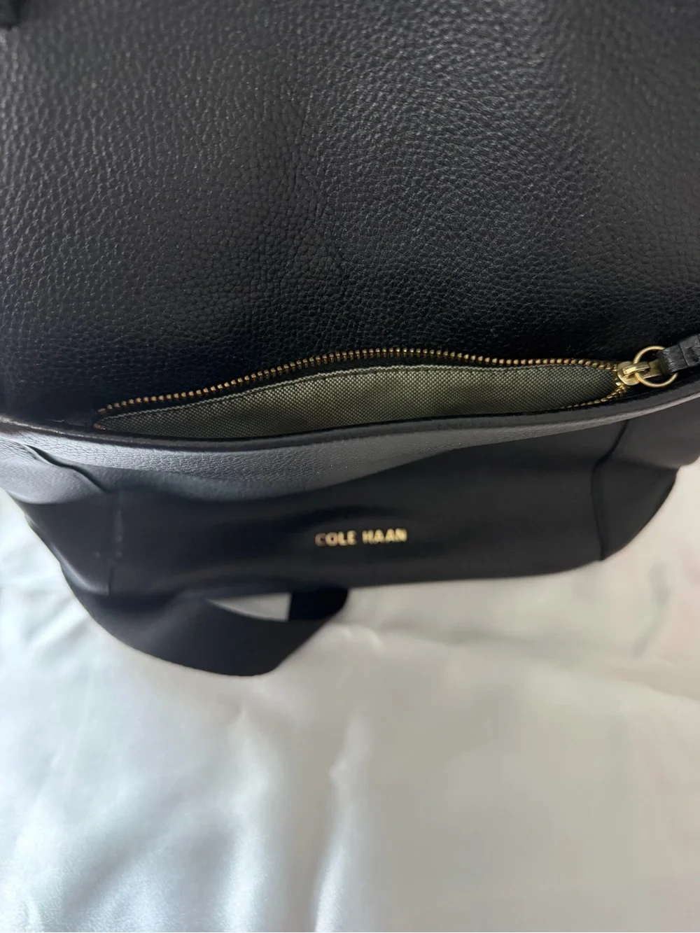 Cole Haan Black Pebbled Leather Tote-Style Backpack with Gold Logo